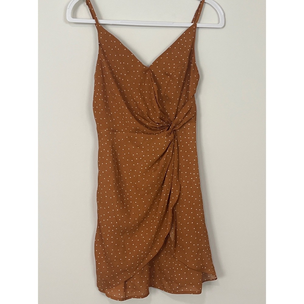 Lulus Rust Brown Polka Dot Knot Front Mini Dress Womens Small Boho Summer V-Neck